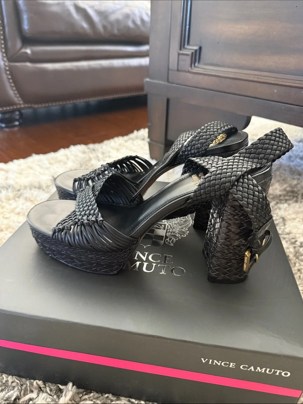 Vince Camuto Black Braided Platform Sandal with Ankle Strap